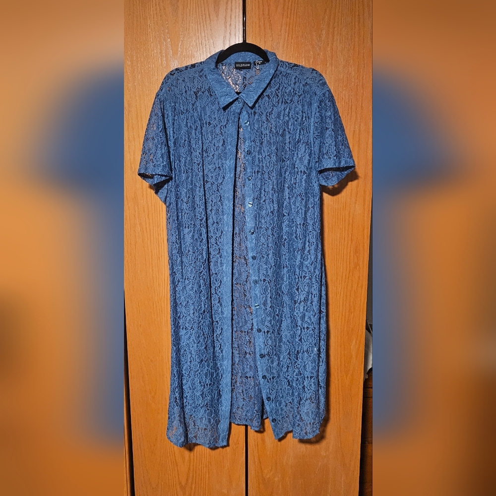 Wildfang Navy Lace Button-Up Top